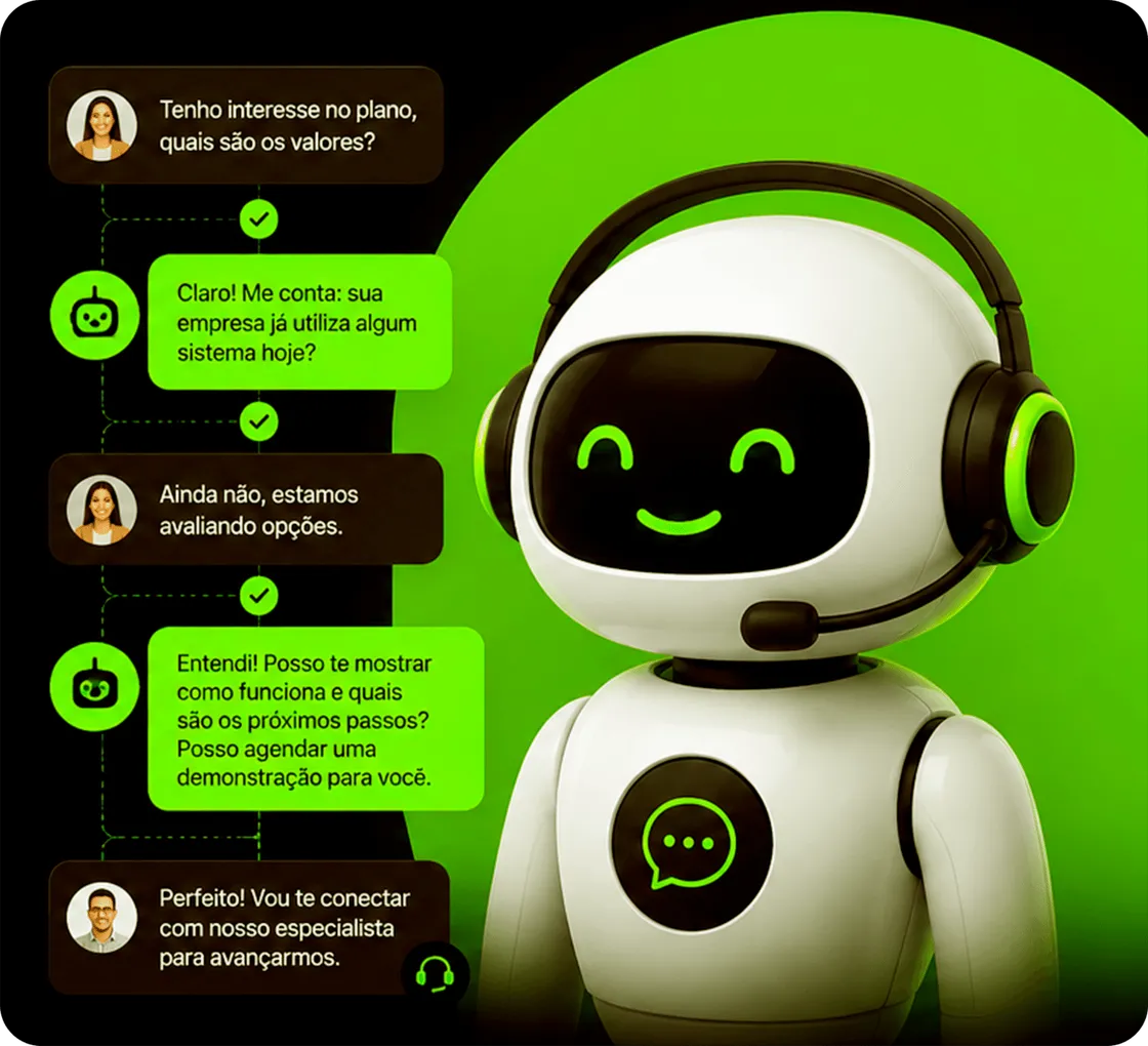 Agente de IA do AtendeBot qualificando um lead numa conversa e encaminhando para um especialista