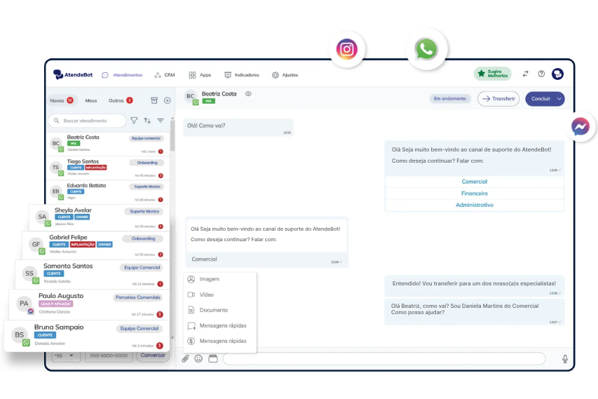 atendebot chatbot whatsapp com crm e automação instagram direct, messenger com inteligência artificial IA.